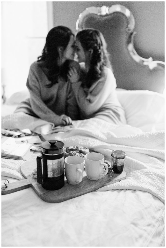 black and white breakfast in bed