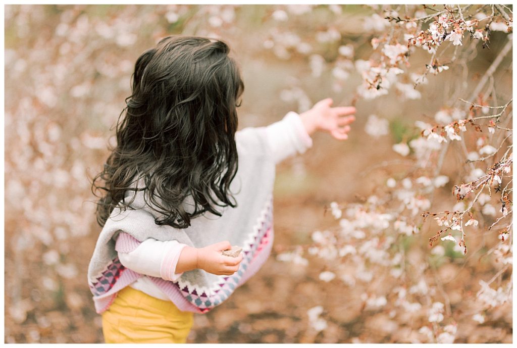 girl reaching for flowers at jc raulston arboretum