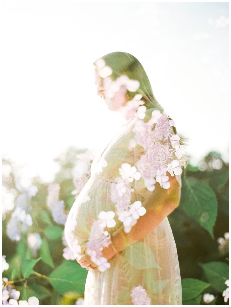 double exposure of pregnant mother with flowers at duke gardens