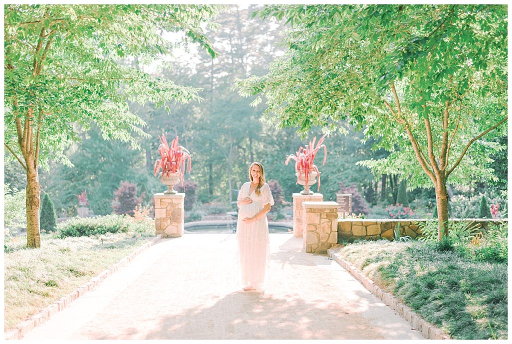 pregnant mom with white dress in duke gardens 