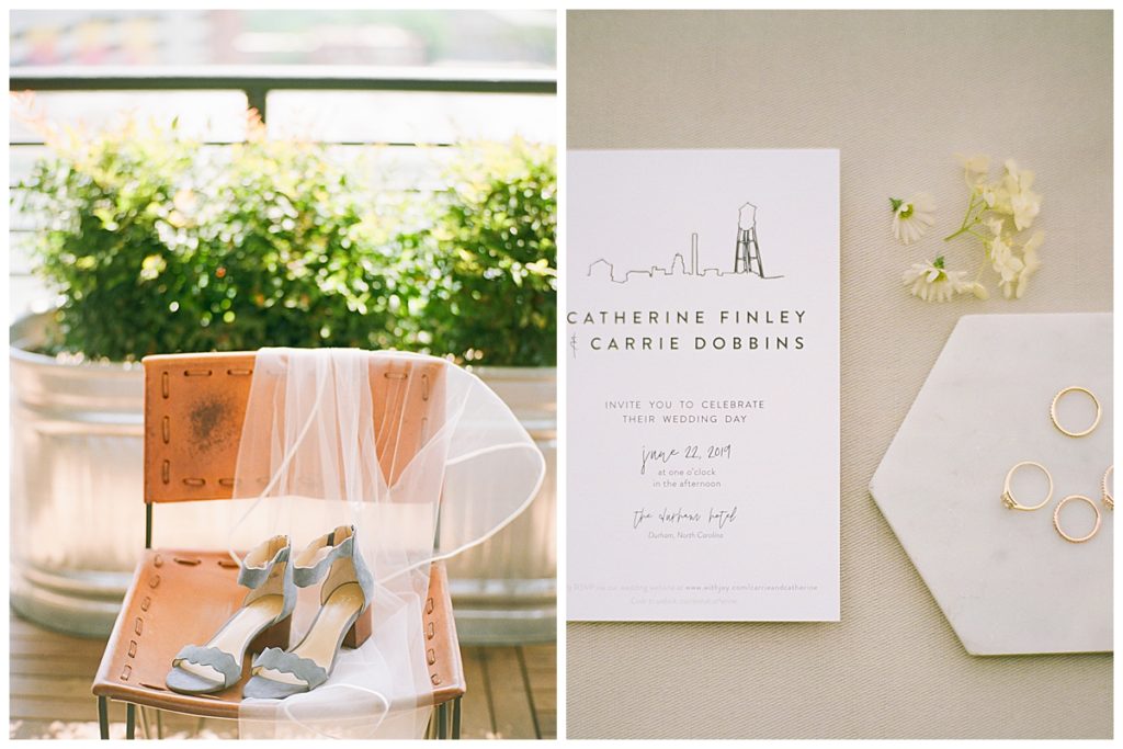 wedding shoes and invitation at the durham hotel rooftop