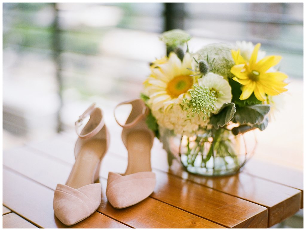 bridal bouquet and shoes at the durham hotel