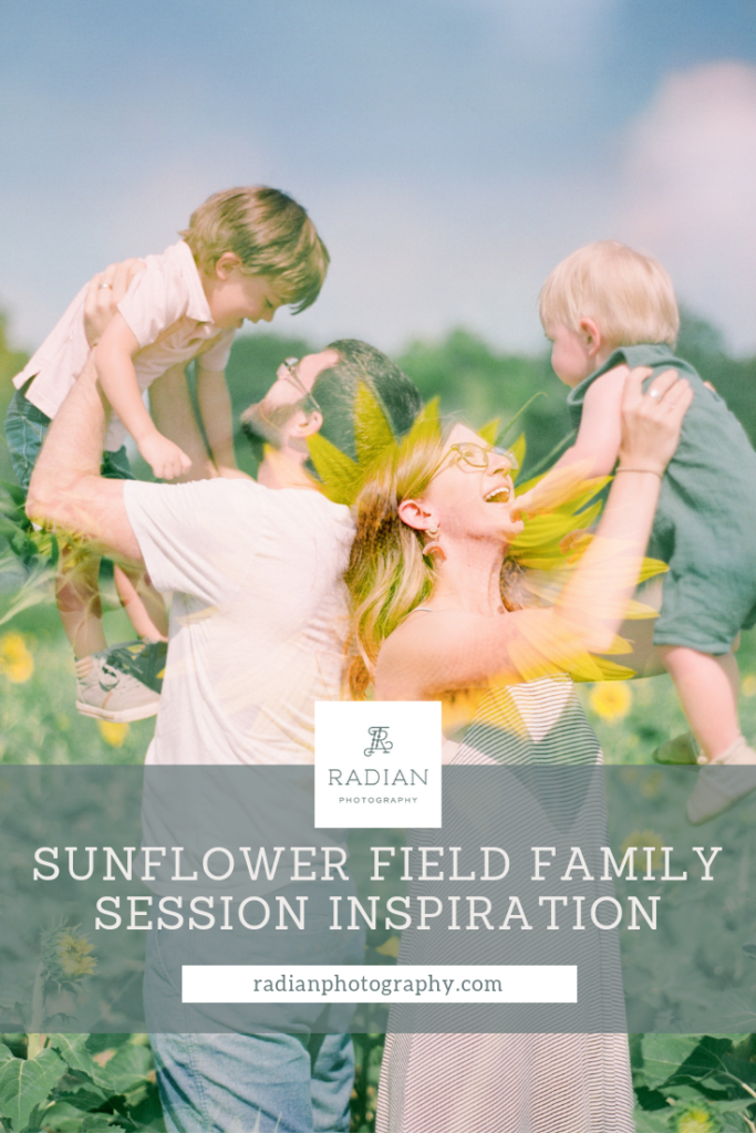 double exposure of family with kids in sunflower field