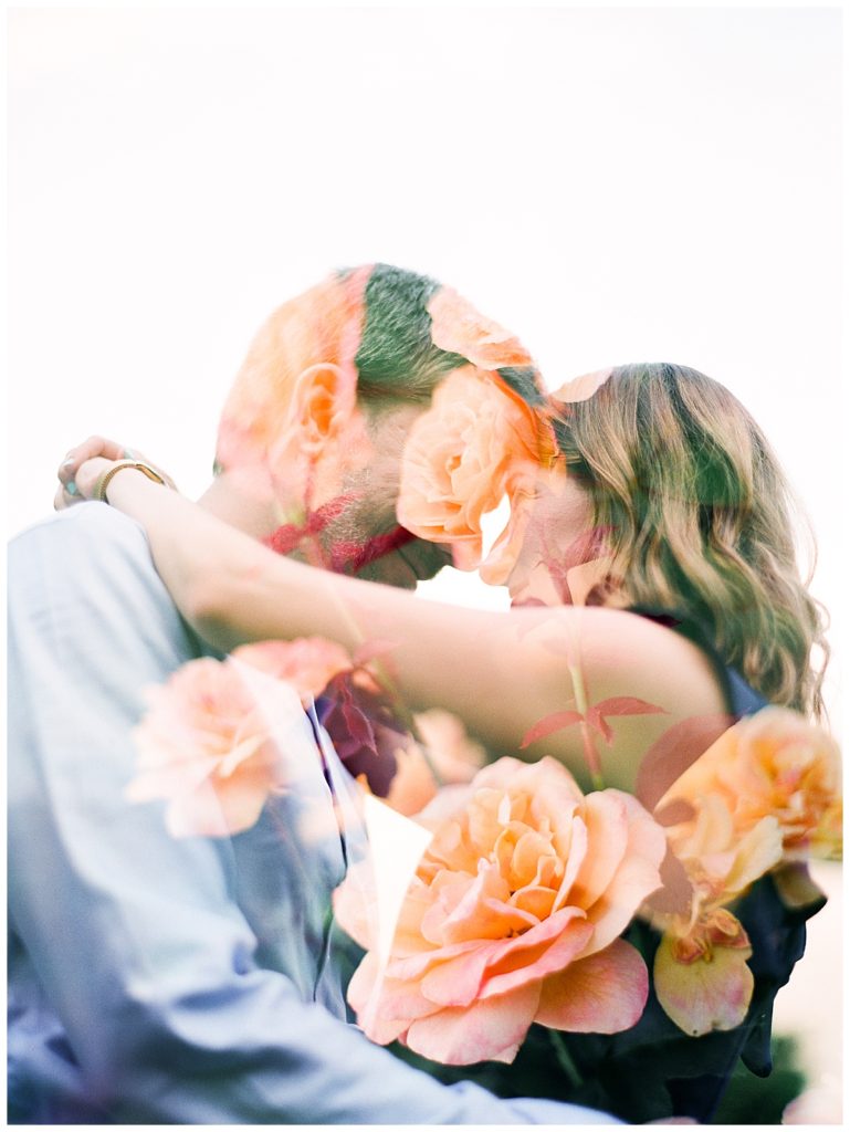 double exposure engaged couple and roses at the raleigh rose garden
