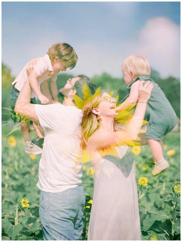 double exposure of parents with sons in sunflower field