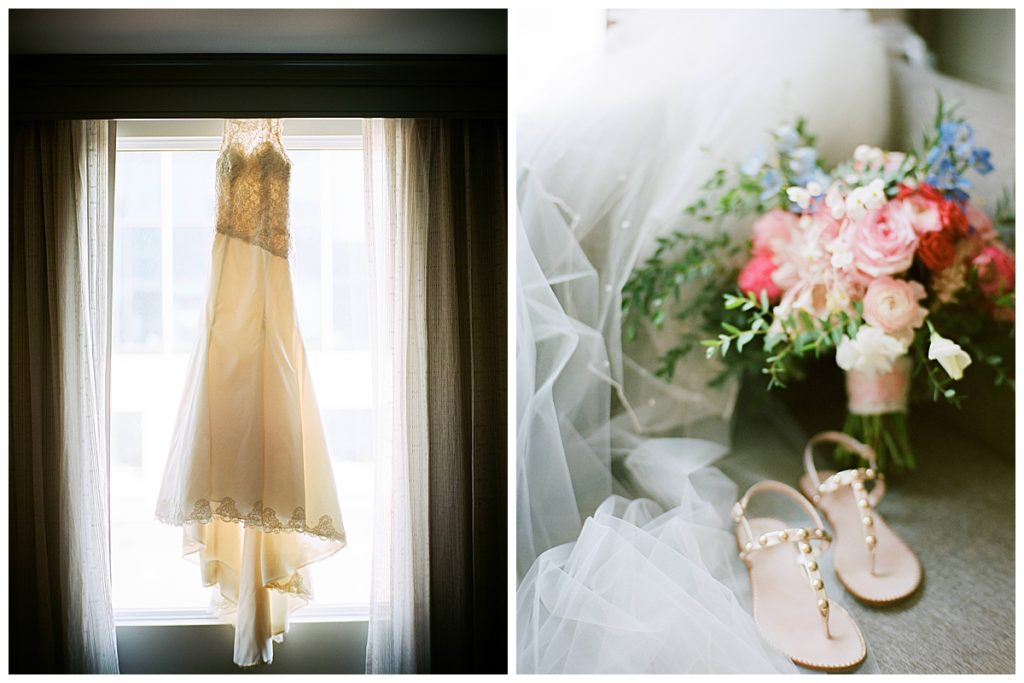wedding dress and bouquet downtown raleigh