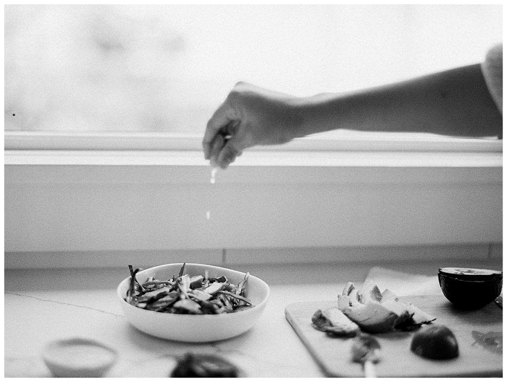 black and white film taco-making lifestyle engagement session