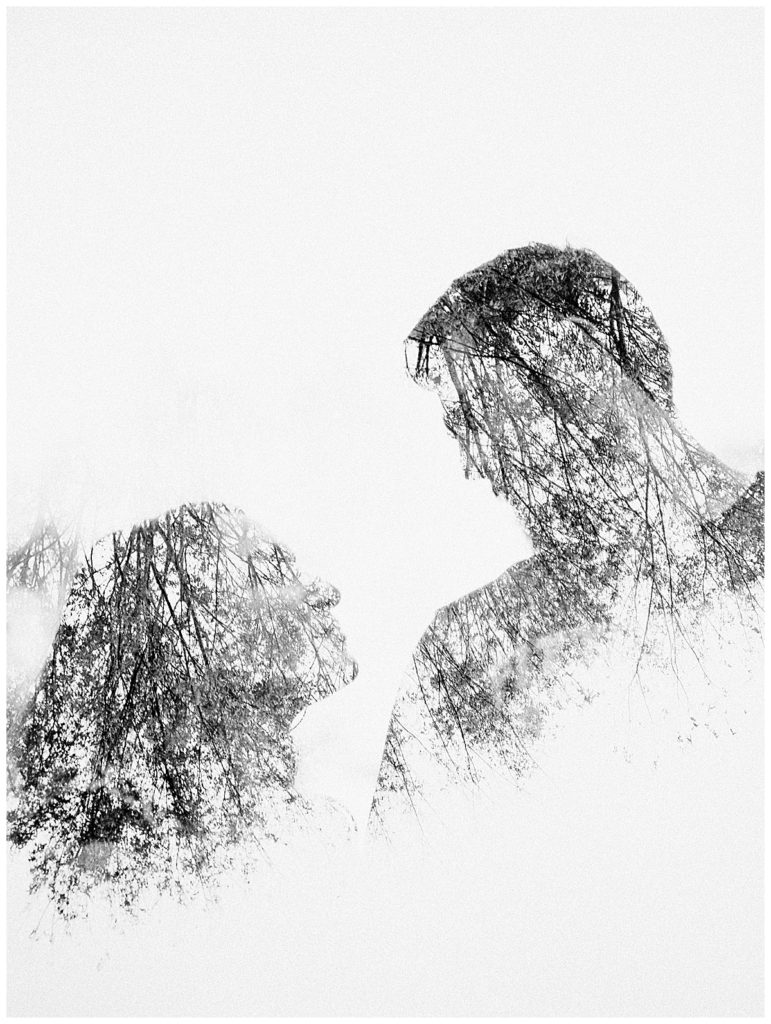 black and white double exposure engagement photo