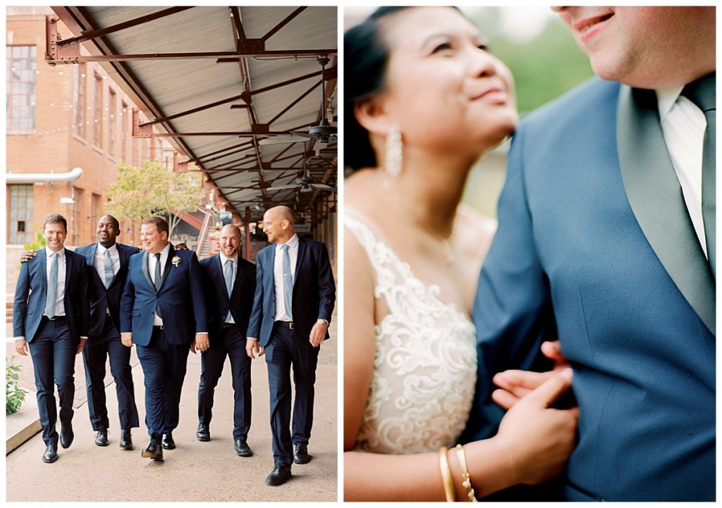 bride and groom and groomsmen at american tobacco campus