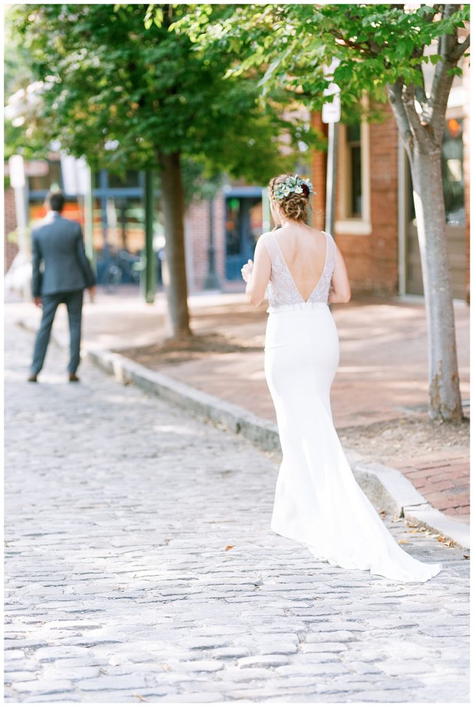 bride and groom first look downtown raleigh