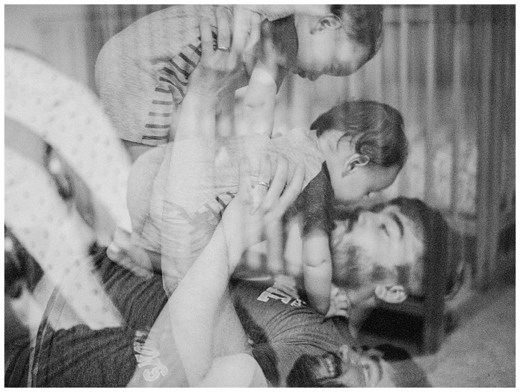 black and white double exposure father and son