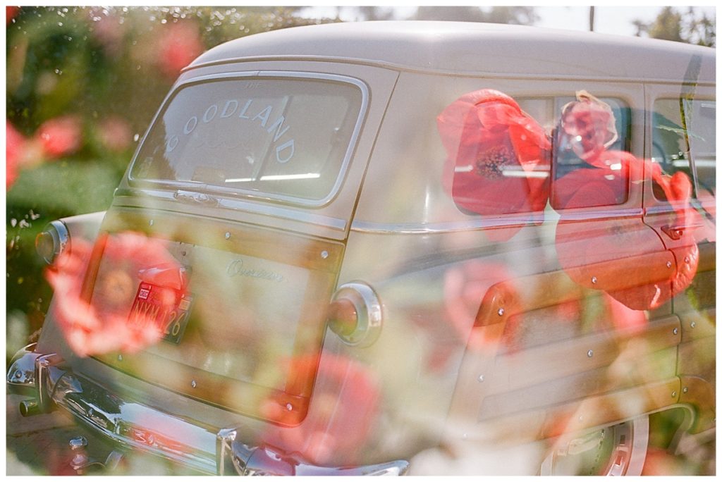 vintage car double exposed with flowers