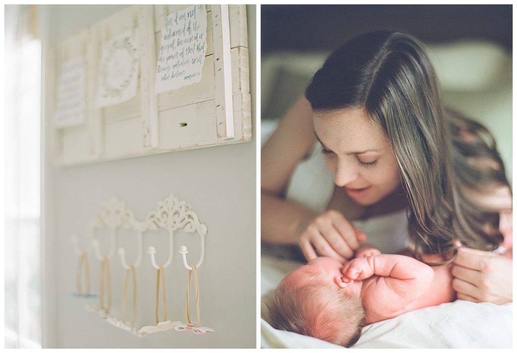mom cuddling baby on bed