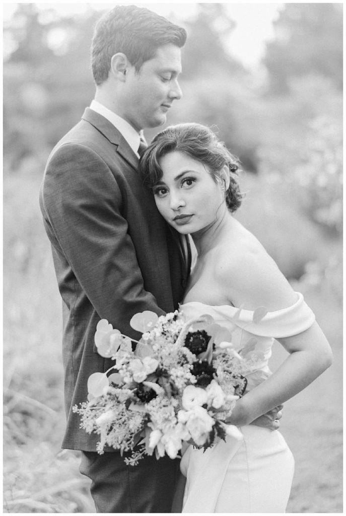 black and white image of bride and groom