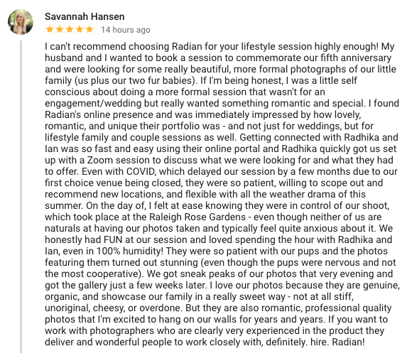 review from client who booked a durham photographer