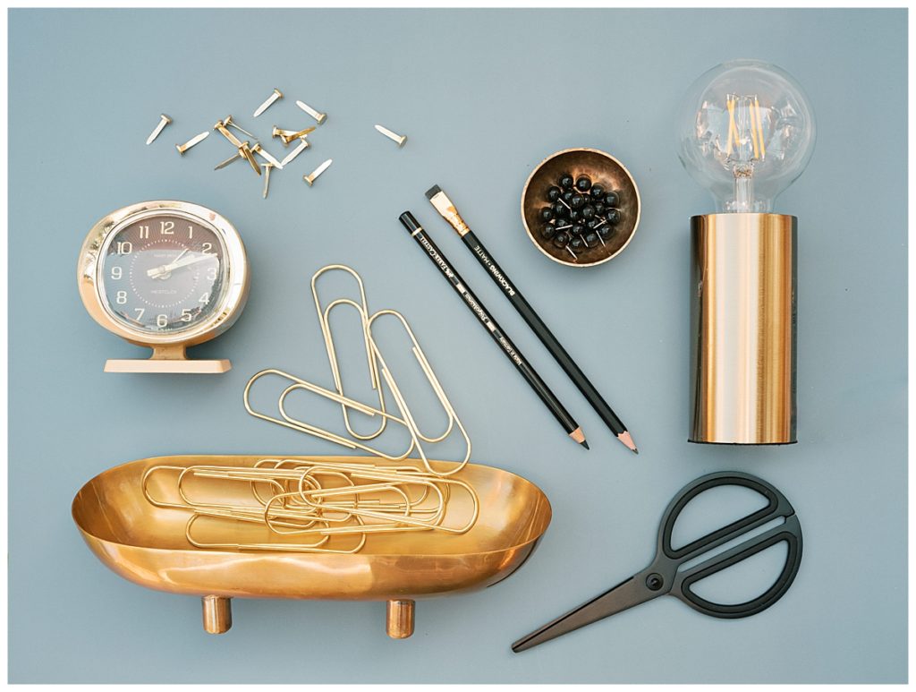Gold desk supply flatlay