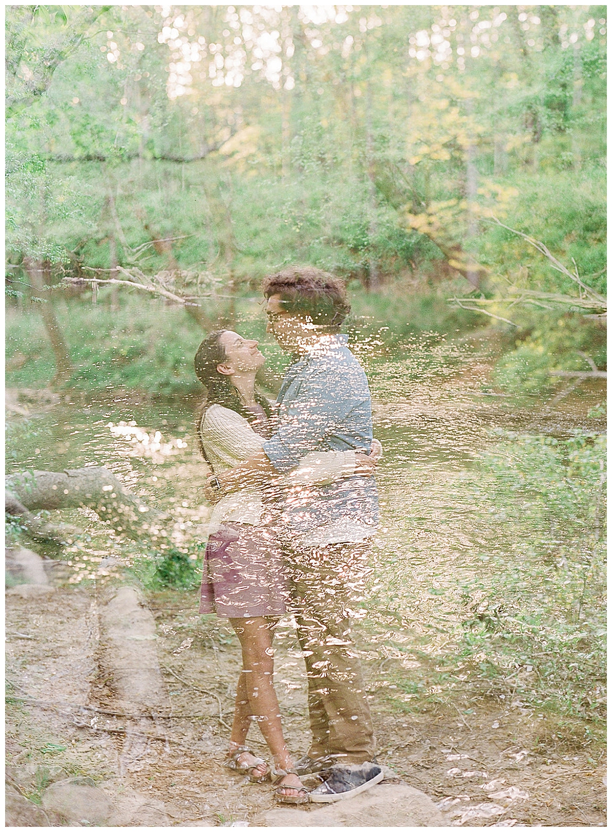 double exposure of engaged couple and eno river