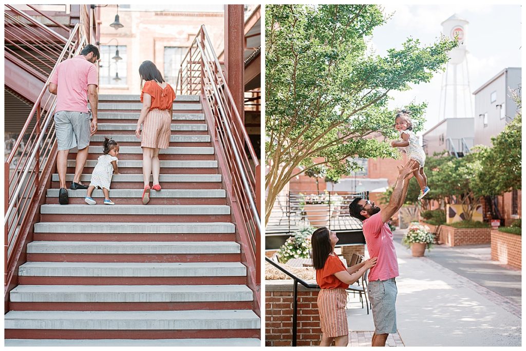Family playing together film photography at the American Tobacco Campus in downtown Durham, NC