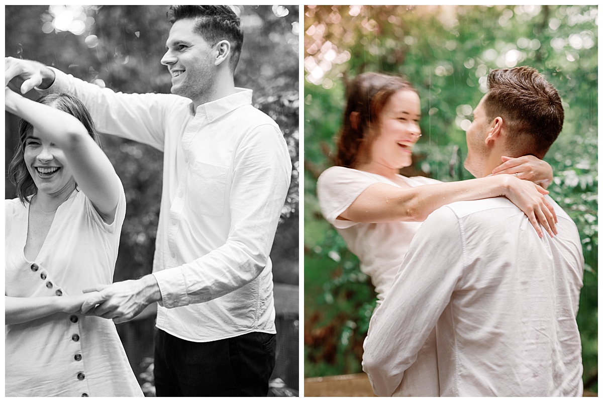 couple dancing in the rain at engagement session