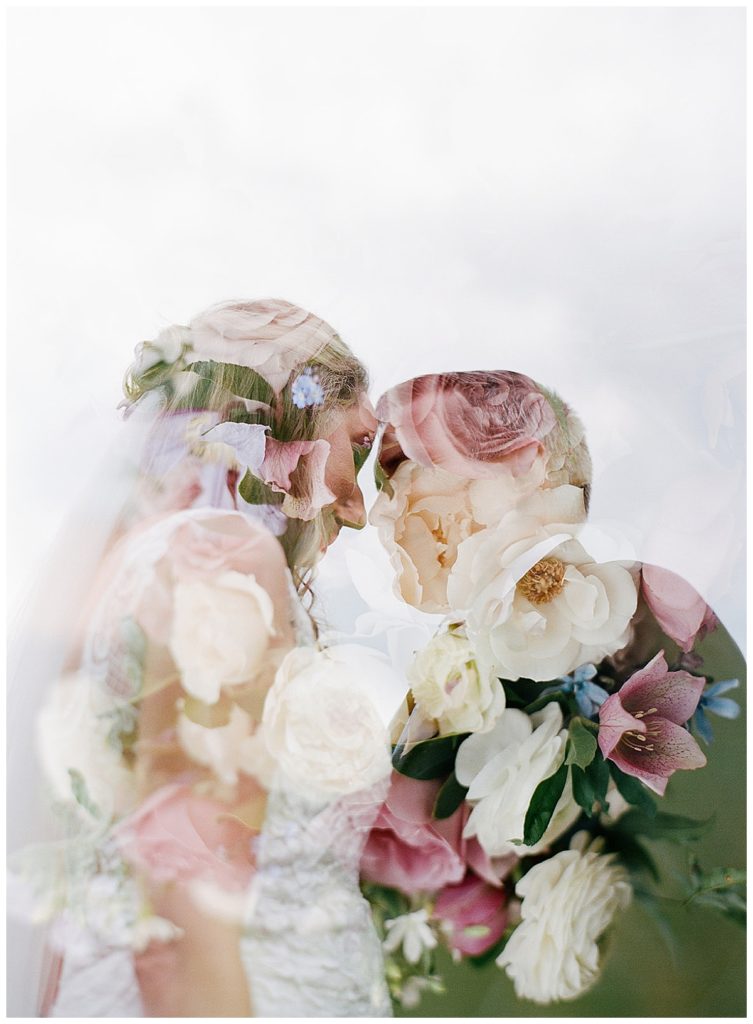 double exposure of bride and groom with flowers